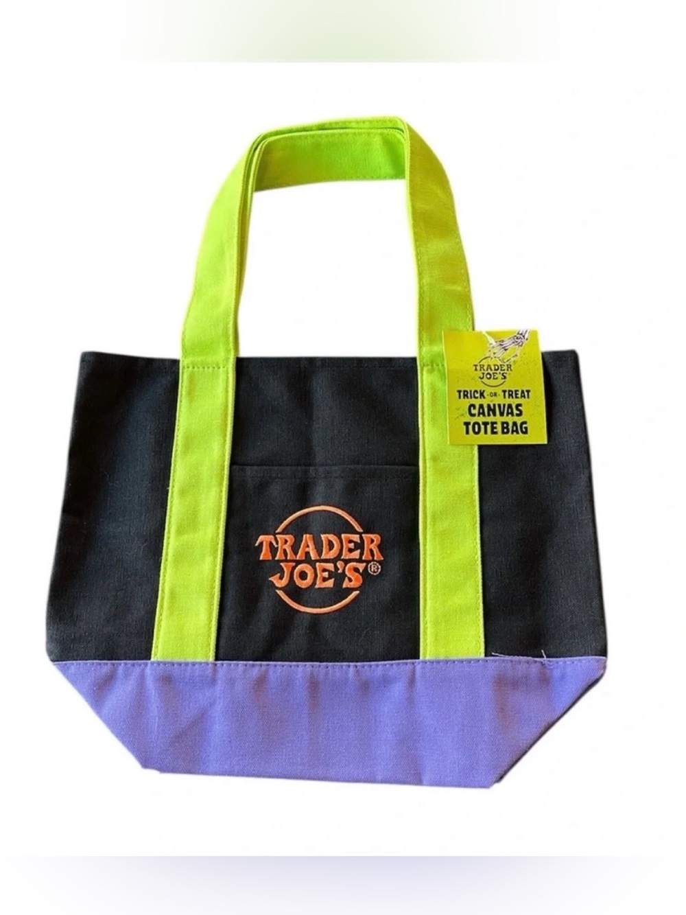 Trader Joe's Black Canvas Tote with Neon Green Handles and Lavender Base